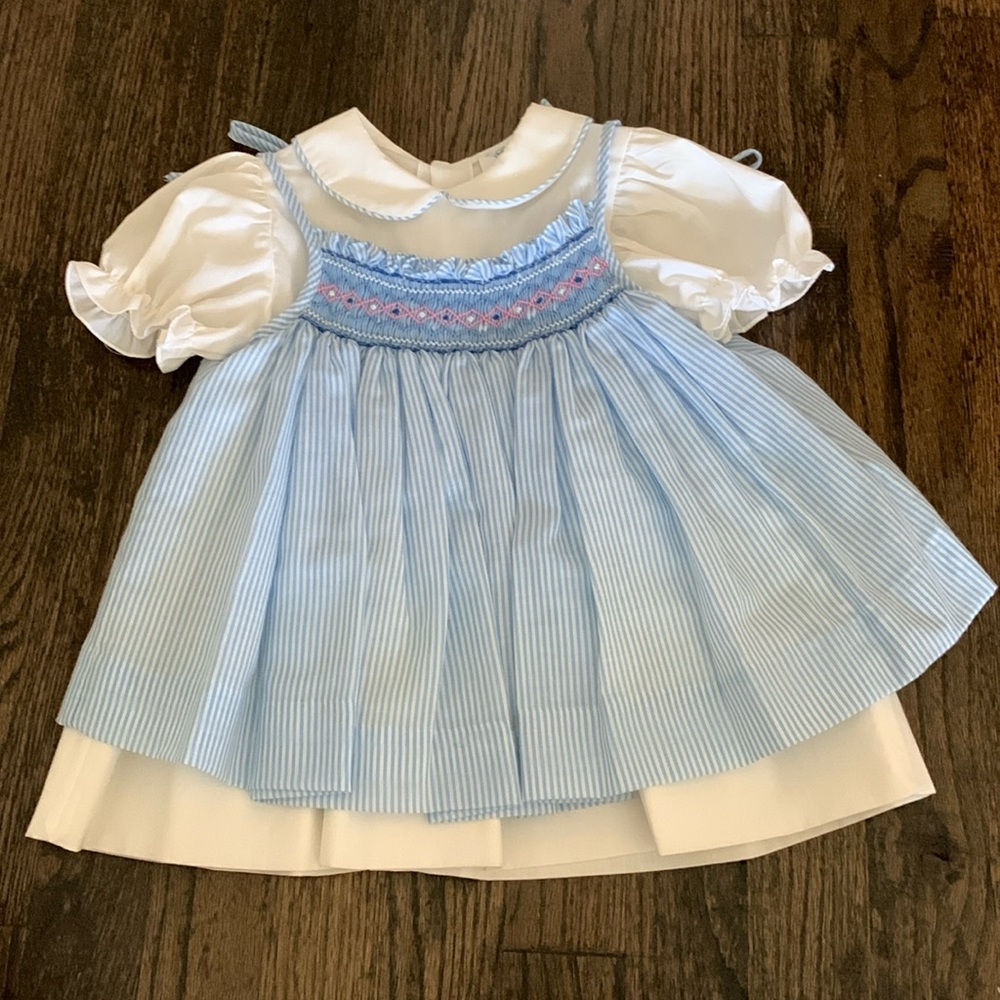 Vintage White Collared Dress with Blue Smocked Pinafore for Baby Girls
